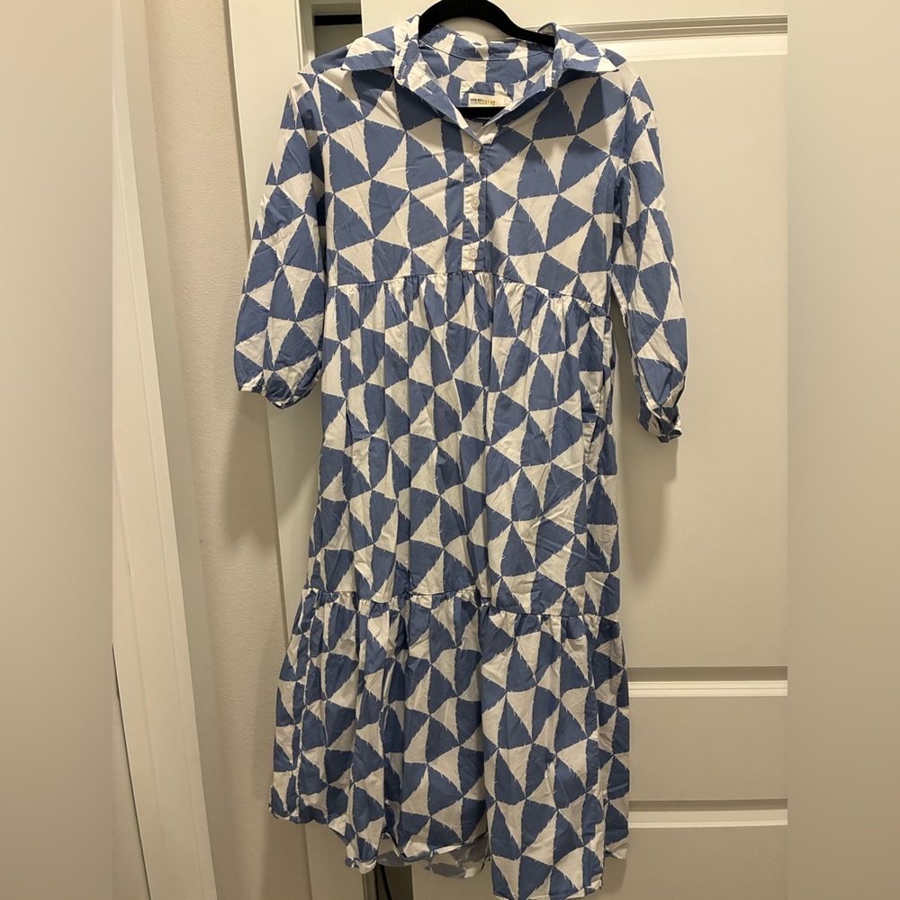Anthropologie Blue and White Geometric Maxi Dress